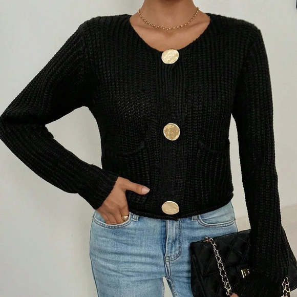 Black Casual Women's Crew Neck Front Button Up Long Sleeve Cardigan - Picture 4 of 5